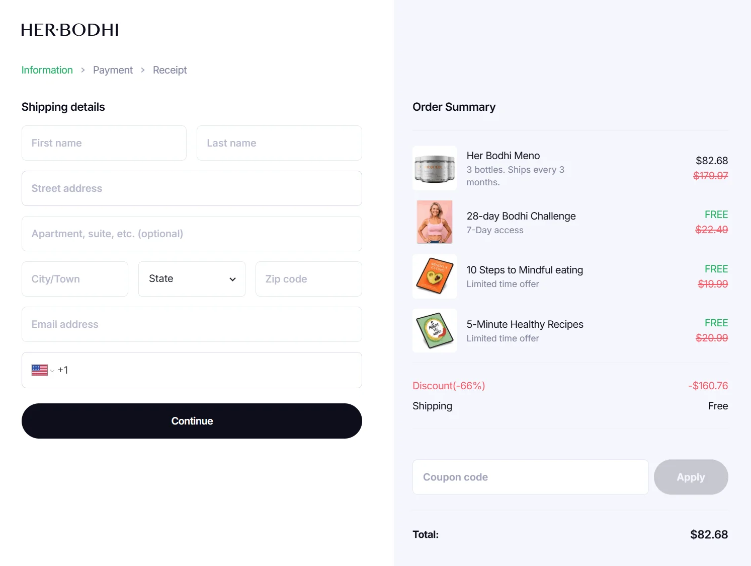 Her Bodhi checkout page